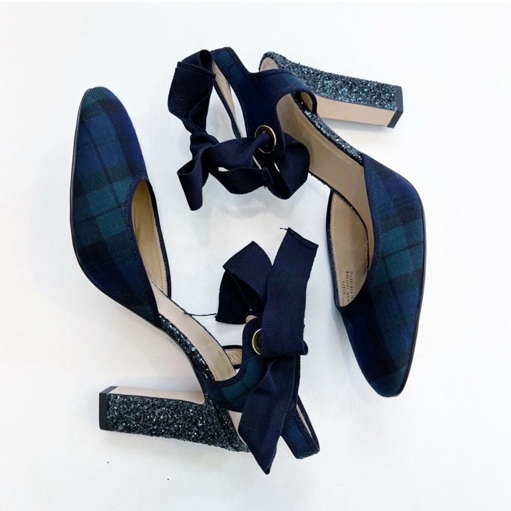 J CREW | Avery Black Watch Tartan Plaid Ankle-Tie Glitter Heels - Picture 12 of 14